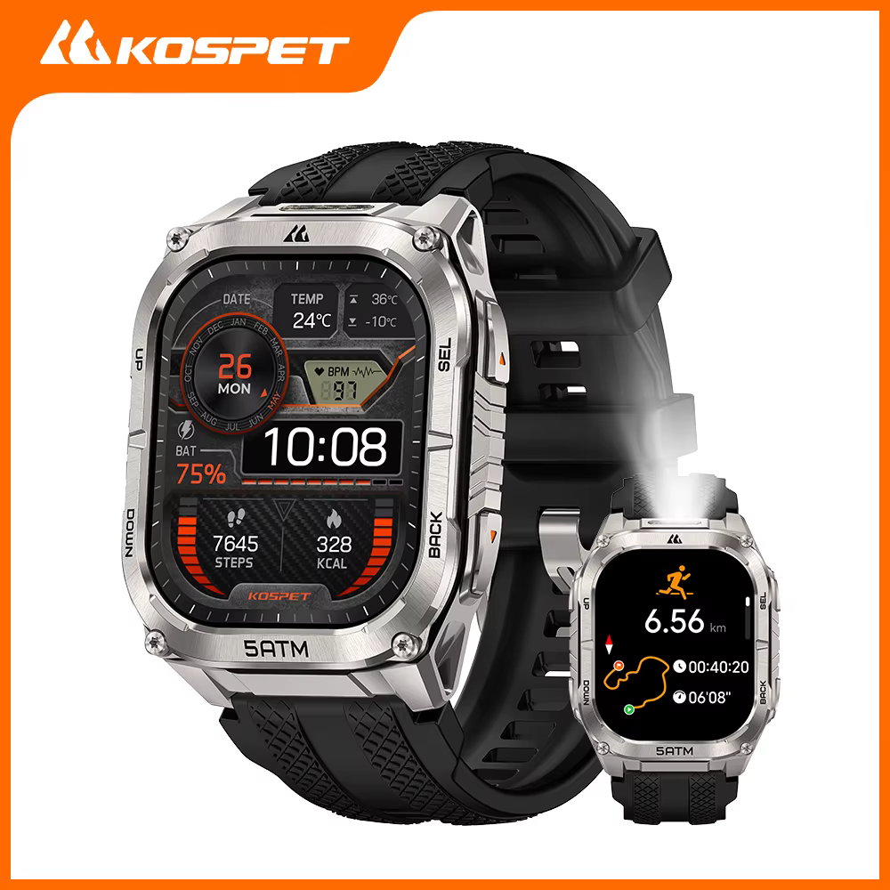 KOSPET TANK M4C Taktyczny Smartwatch dla Mężczyzn z Funkcją Walkie-Talkie i GPS, Certyfikat MIL-STD, Wodoodporny 5ATM, Zegarek Outdoorowy
