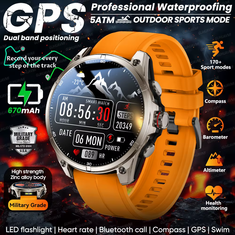 Nowy smartwatch sportowy GPS Ultra Outdoor 2026, ekran 1.43" AOD, kompas, wodoodporność 5ATM, ponad 170 trybów sportowych, wytrzymały, wojskowy smartwatch z funkcją rozmów.