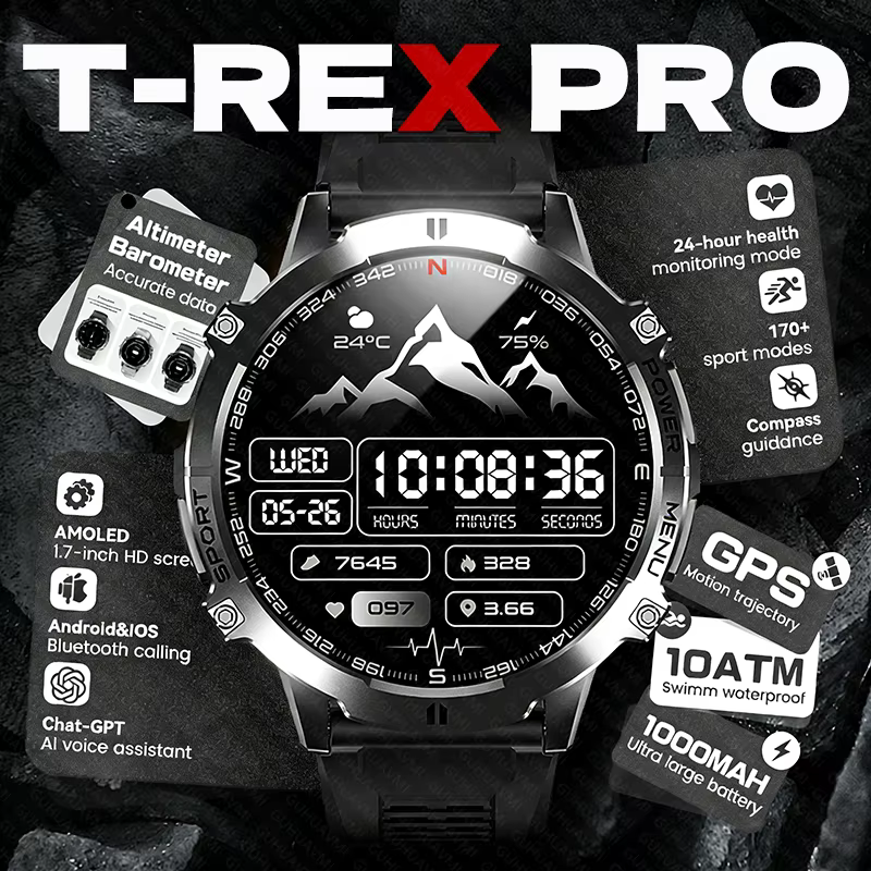 Nowy Męski Wojskowy Smartwatch GPS T-REX3 PRO Outdoor z Dużą Baterią 1000mAh, Wodoodpornością 10ATM, Połączeniami Bluetooth i Wyświetlaczem AMOLED HD