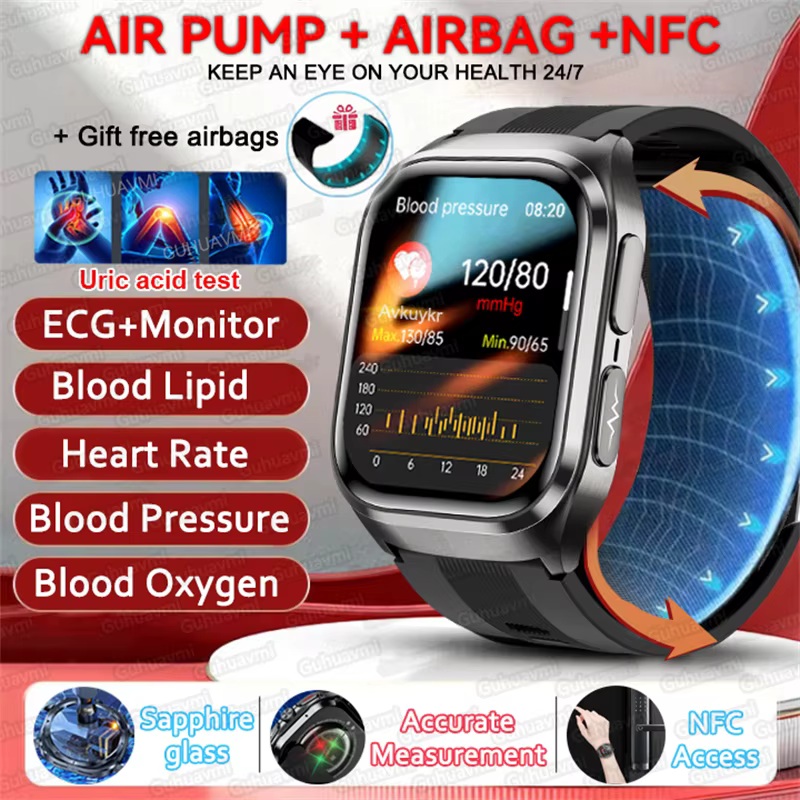 Pompa Powietrza Poduszka Powietrzna Zdrowie Smartwatchy Męskie Szkło Szafirowe Dokładny Pomiar Ciśnienia Krwi Lipidów Kwasu Moczowego NFC EKG Smartwatch 2025