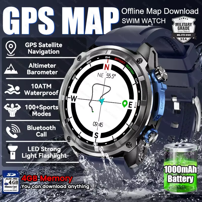 Nowy smartwatch z mapami offline GPS na rok 2025, 4 GB pamięci, bateria 1000 mAh, połączenia Bluetooth, wodoodporność 10 ATM/IP69K, smartwatch sportowy dla mężczyzn do pływania.