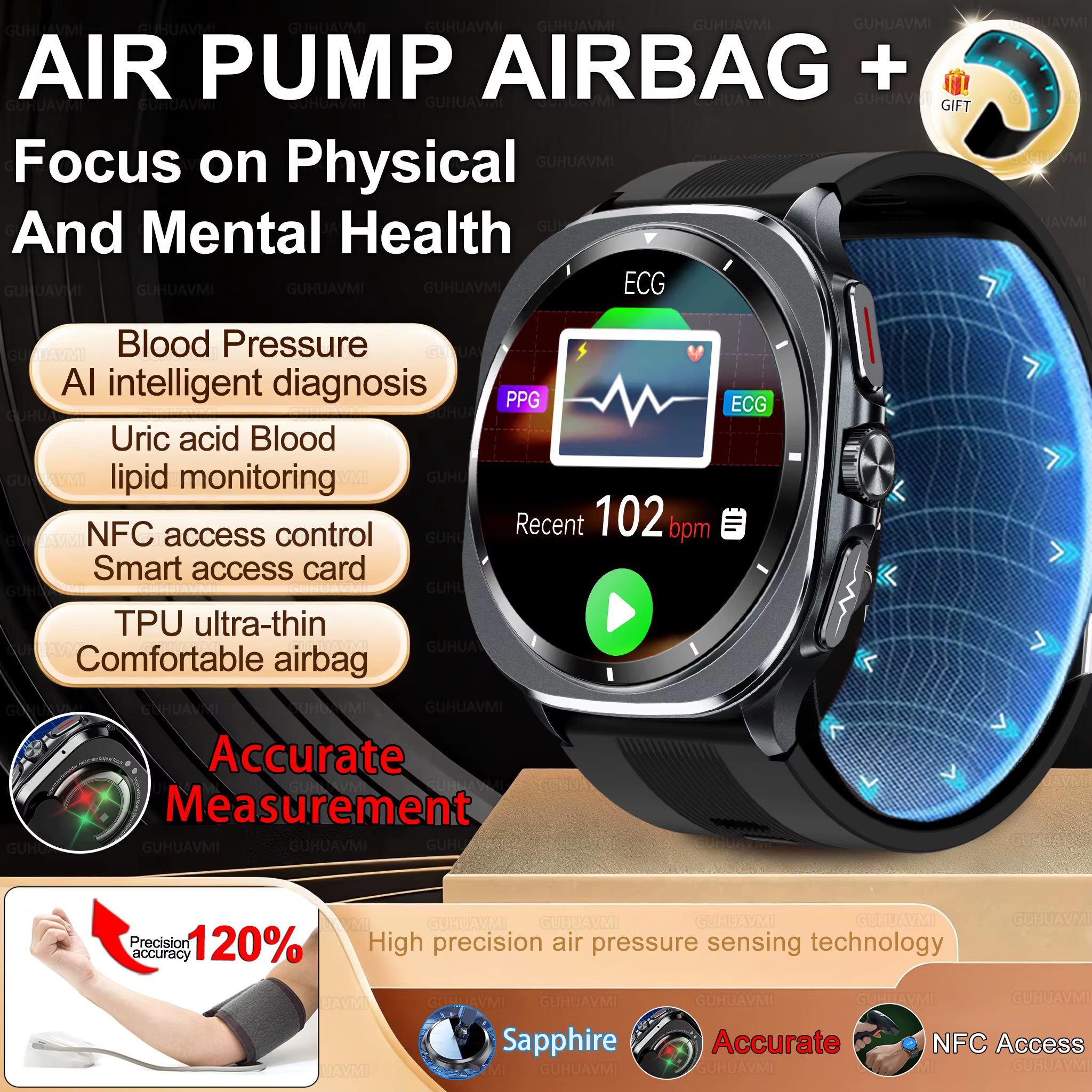 Nowy Smartwatch z Pomiarem Ciśnienia Krwi z Pomocznikiem Powietrznym, Monitorowaniem Zdrowia, Funkcjami Fitness, EKG+NFC dla Mężczyzn, Mikro-ekspertyzą Fizyczną