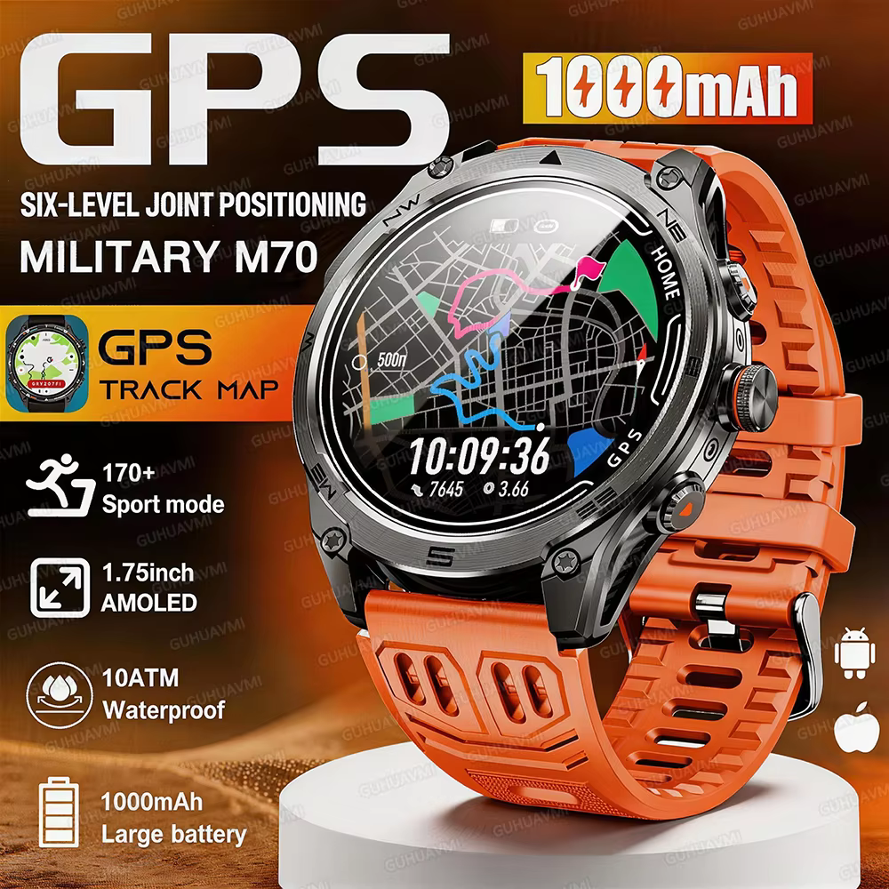 Nowy Smartwatch Męski z Mapą GPS, Baterią 1000mAh, Wyświetlaczem AMOLED HD, Wodoodpornością 10ATM, Funkcją Połączeń Bluetooth, Stylizowany na Militarny, Dla Dorosłych, Do Użytku na Zewnątrz.