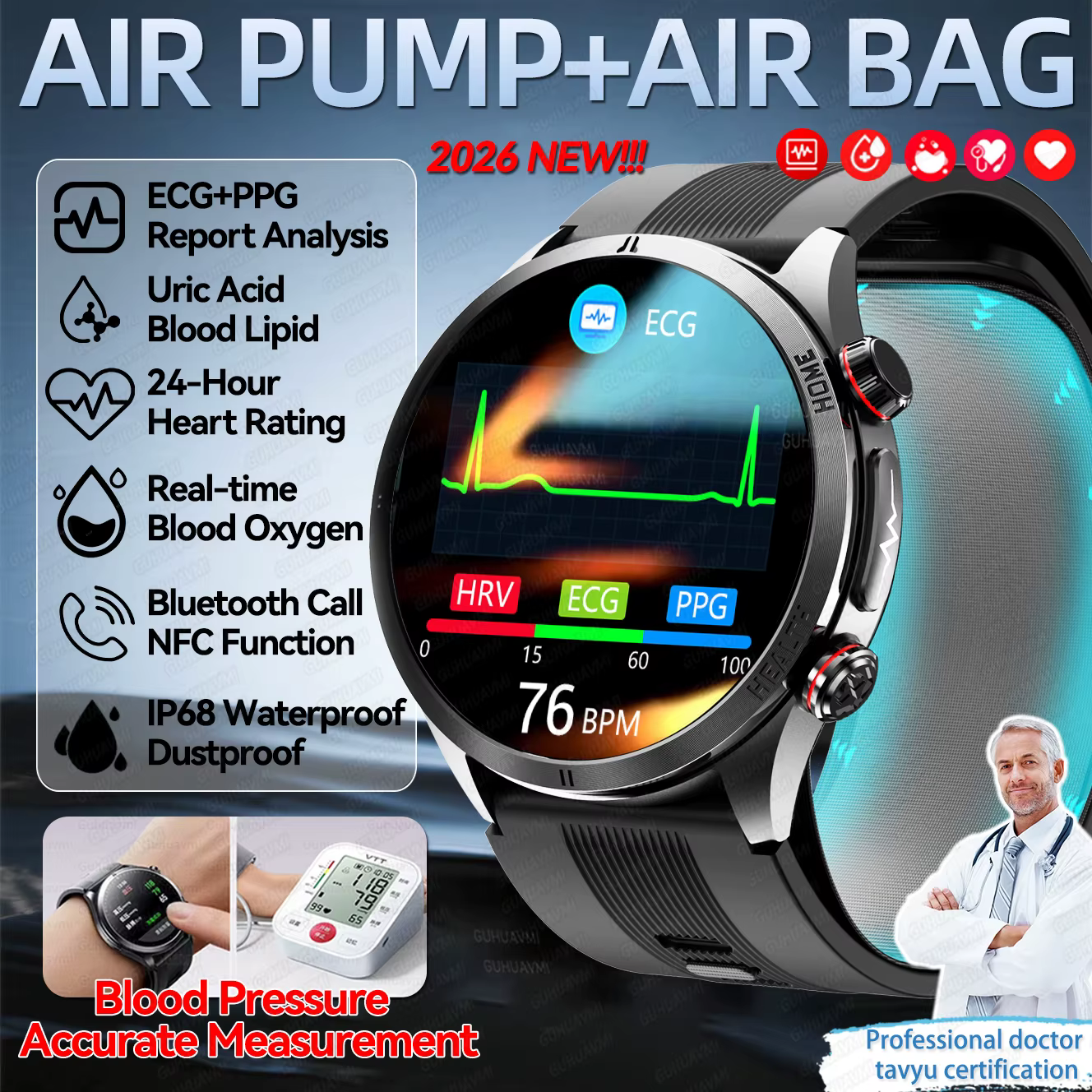 Smartwatch męski 2026 z pompką powietrza, nowo ulepszonym pomiarem ciśnienia krwi, EKG+PPG, monitorowaniem tętna 24h, połączeniami BT, funkcją śledzenia zdrowia i NFC.