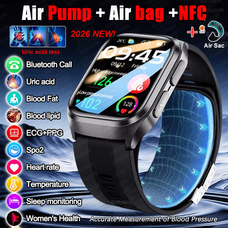 Nowy Smartwatch z Poduszką Powietrzną dla Mężczyzn 2026, EKG, Pompa Powietrzna, Pomiar Ciśnienia Krwi, Lipidów, Kwasu Moczowego, Połączenia, NFC, Wodoodporna Inteligentna Bransoletka Damska