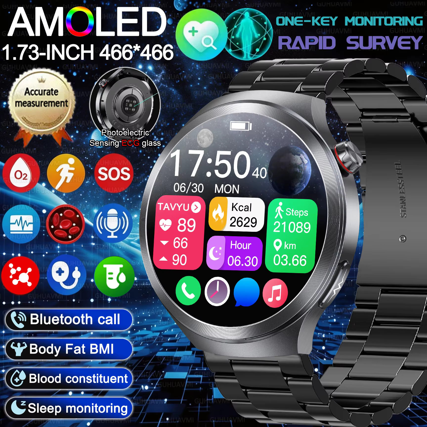 Nowy Smartwatch z ekranem AMOLED 1.73 cala, monitor zdrowia EKG, dokładny pomiar ciśnienia krwi, monitorowanie tlenu i snu, zegarek z funkcją połączeń BT dla kobiet i mężczyzn.
