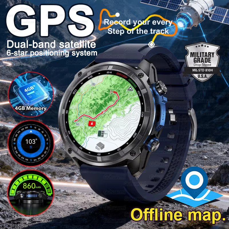 Nowe smartwatche z GPS, 4 GB pamięci, dla mężczyzn, wodoszczelne do 50 m, bransoletka sportowa do pływania, bateria 860 mAh, ponad 170 sportów, mapy offline, smartwatch.