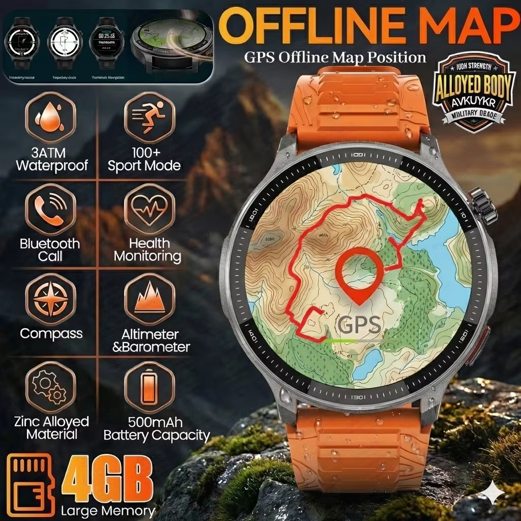 Smartwatche męskie z wbudowanym GPS, mapami offline, lokalizacją, 4 GB pamięci, wodoodpornością 3ATM, baterią 500 mAh, kompasem, funkcją połączeń BT, do pływania i sportów, rocznik 2026.
