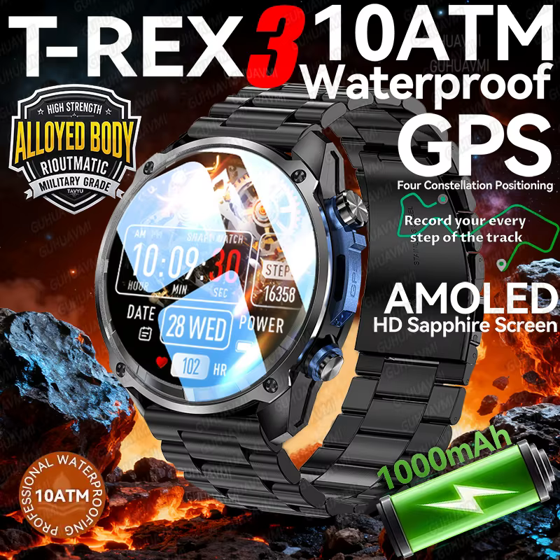 Smartwatch T-Rex 3 Ultra z wbudowanym GPS, ekranem AMOLED, połączeniami Bluetooth, pomiarem tętna, kompasem, wodoodpornością 10ATM, idealny do pływania, dla mężczyzn.