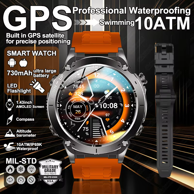 Nowy smartwatch męski GUHUAVMI klasy wojskowej z GPS, wodoodpornością 10ATM, latarką LED, baterią 730mAh i funkcją połączeń Bluetooth, rok 2026.