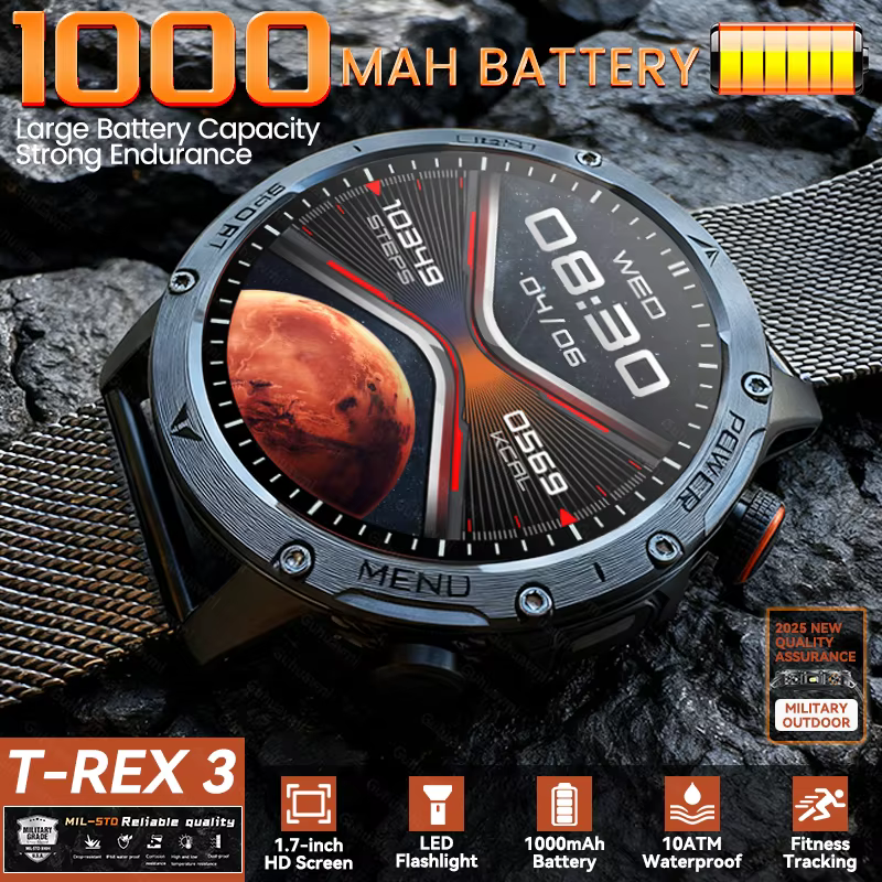 Smartwatch 2025 Real Outdoor T-Rex z baterią 1000mAh, GPS, latarką, wodoodpornością 10ATM, połączeniami Bluetooth, dla mężczyzn, do sportu i fitnessu.
