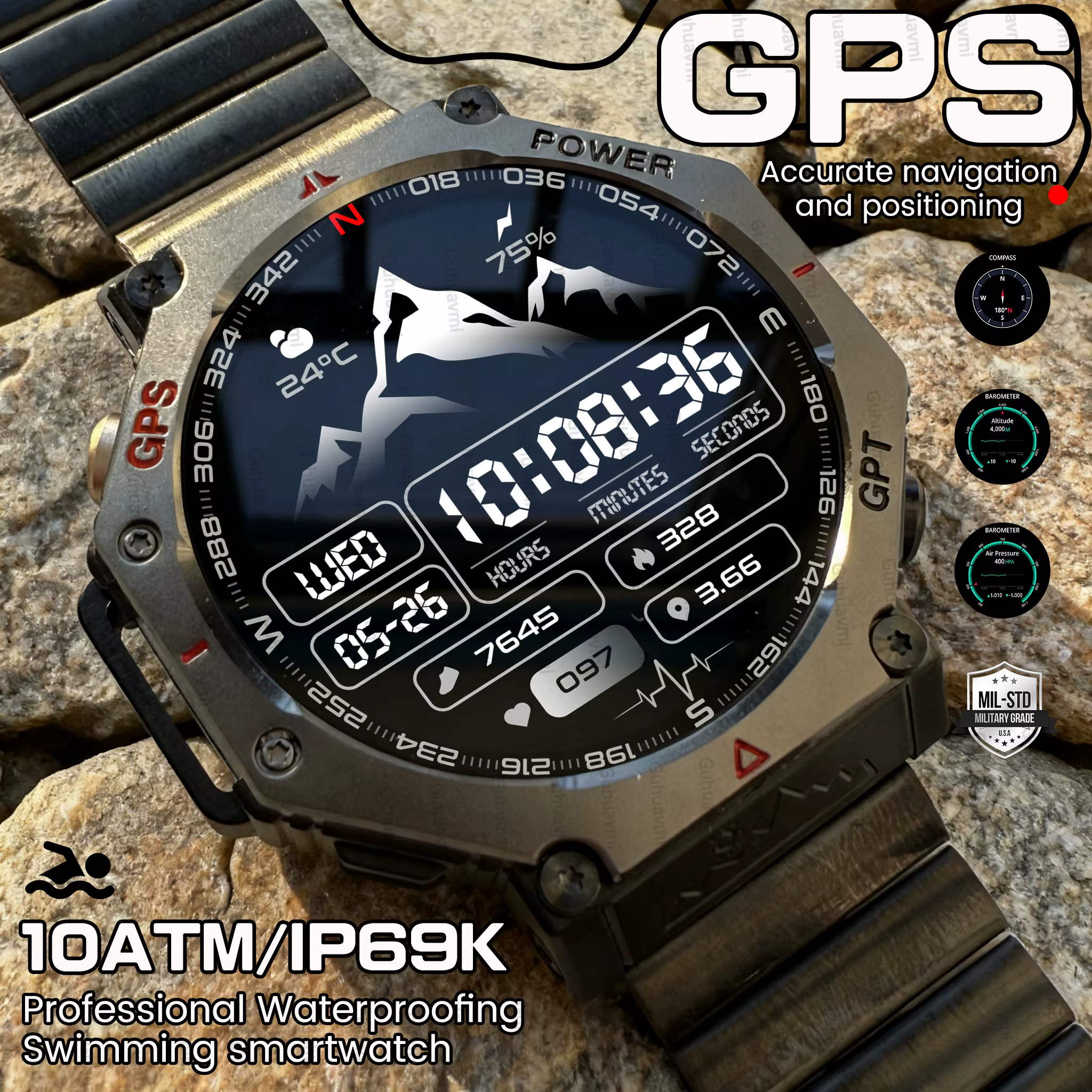 Nowy Zegarek Smartwatch Męski GPS Outdoor Altimetr Barometr Pomiar Tętna Wodoodporność 10ATM Połączenia Bluetooth Sportowy Fitness Smartwatch dla Dorosłych