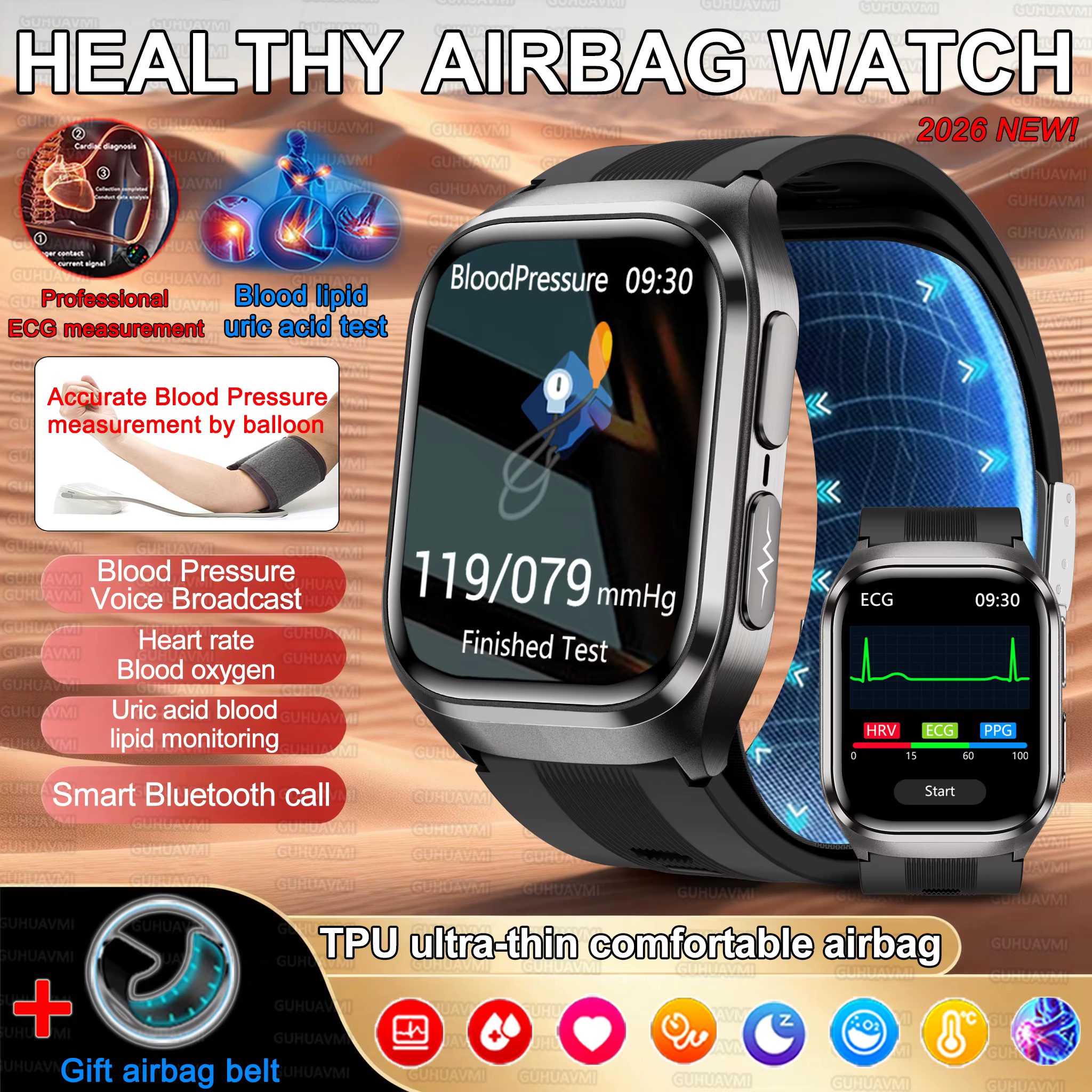Smartwatch 2026 NFC EKG Pompa Powietrzna Ciśnienie Krwi Natlenienie Krwi EKG+PPG Połączenia NFC Wodoodporny Smartwatch Dla Kobiet i Mężczyzn Airbag