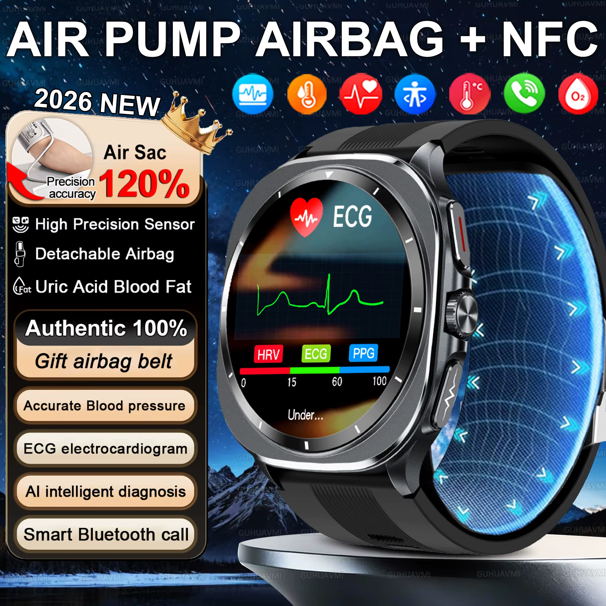 Nowy Smartwatch 2026 z funkcją airbagu, ekran AMOLED 1,43 cala, NFC, pompa powietrza dla mężczyzn, EKG, ciśnienie krwi, kwas mocny, lipidy we krwi, monitor zdrowia.