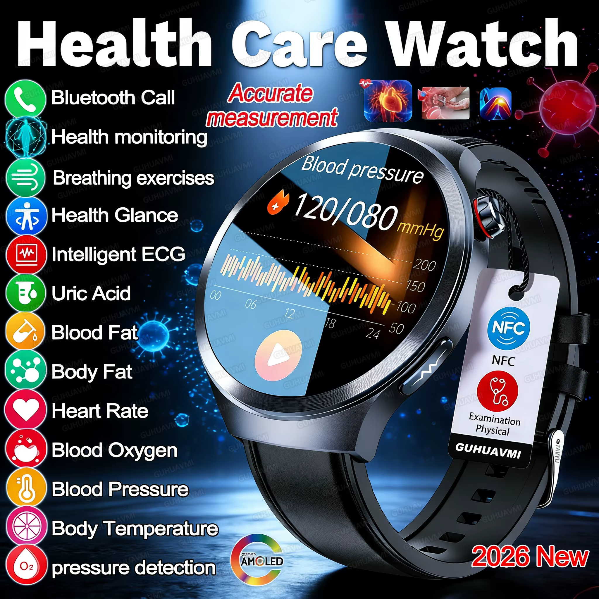 Inteligentny zegarek 2026 Nowy, precyzyjny smartwatch z pomiarem ciśnienia krwi, natlenienia krwi, EKG+PPG, lipidów we krwi, kwasu moczowego, analizą tkanki tłuszczowej, funkcją połączeń BT, monitorowaniem zdrowia, zegarek dla mężczyzn.
