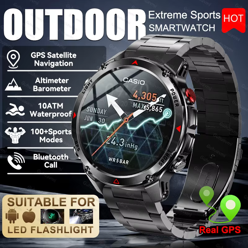 Nowy smartwatch męski 2025, wodoszczelny do 30M, do pływania, z GPS, kompasem, wysokościomierzem, funkcją połączeń Bluetooth, sportowy, wojskowy.