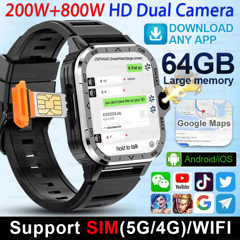 Smartwatch z kartą SIM 4G/5G, Wi-Fi, dużym pamięcią 64GB, możliwość pobierania aplikacji, podwójny aparat HD 200W+800W, rozmowy wideo, wersja globalna, smartwatch męski