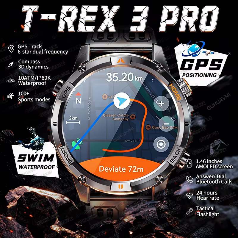 Nowy Smartwatch T-Rex3 Pro z GPS dla mężczyzn, wodoszczelny do 10 ATM, zegarek do pływania, wyświetlacz AMOLED HD 1,46 cala, połączenia, sporty na świeżym powietrzu, rok 2026