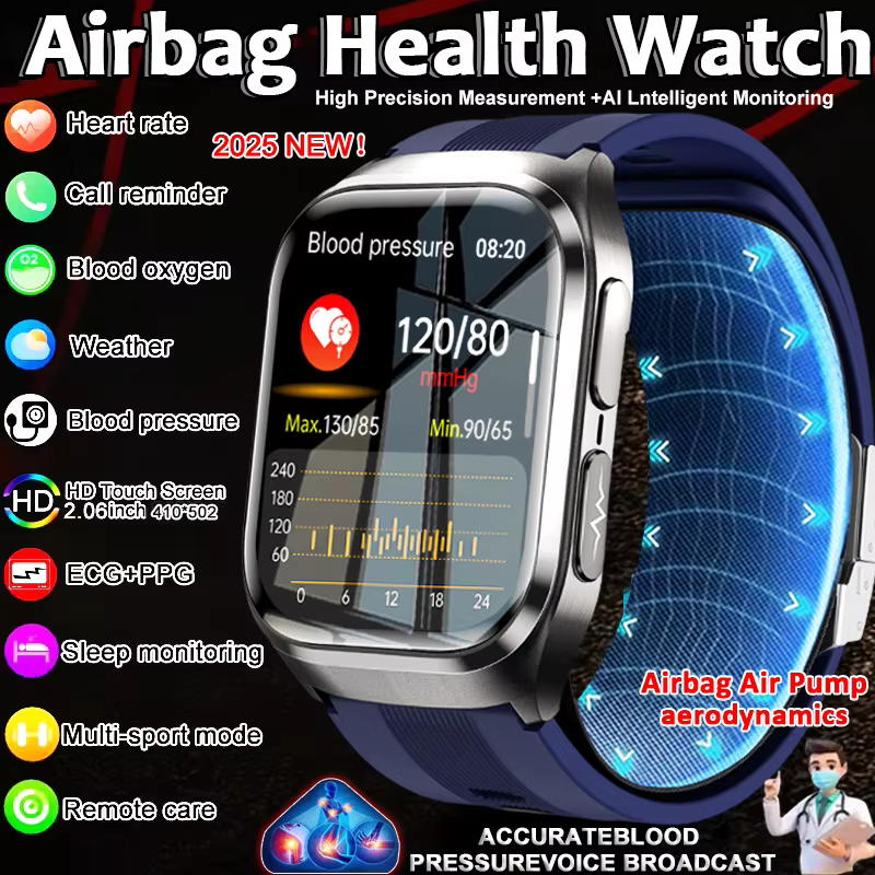 Smartwatch Męski z Pompeką Powietrzną, Pomiarem Ciśnienia Krwi, Analizą Ciała, EKG+PPG, Pomiarem Kwasu Moczowego, Połączeniami Głosowymi, Klasa Pielęgniarska 2025, Damski
