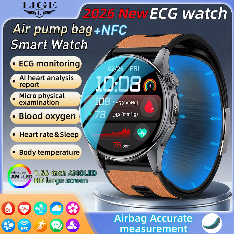 LIGE New 1.56" AMOLED Screen AI Diagosis ECG Smart Watch Men Lipid Uric Acid NFC Air Pump Airbag Blood Pressure Test Smartwatch