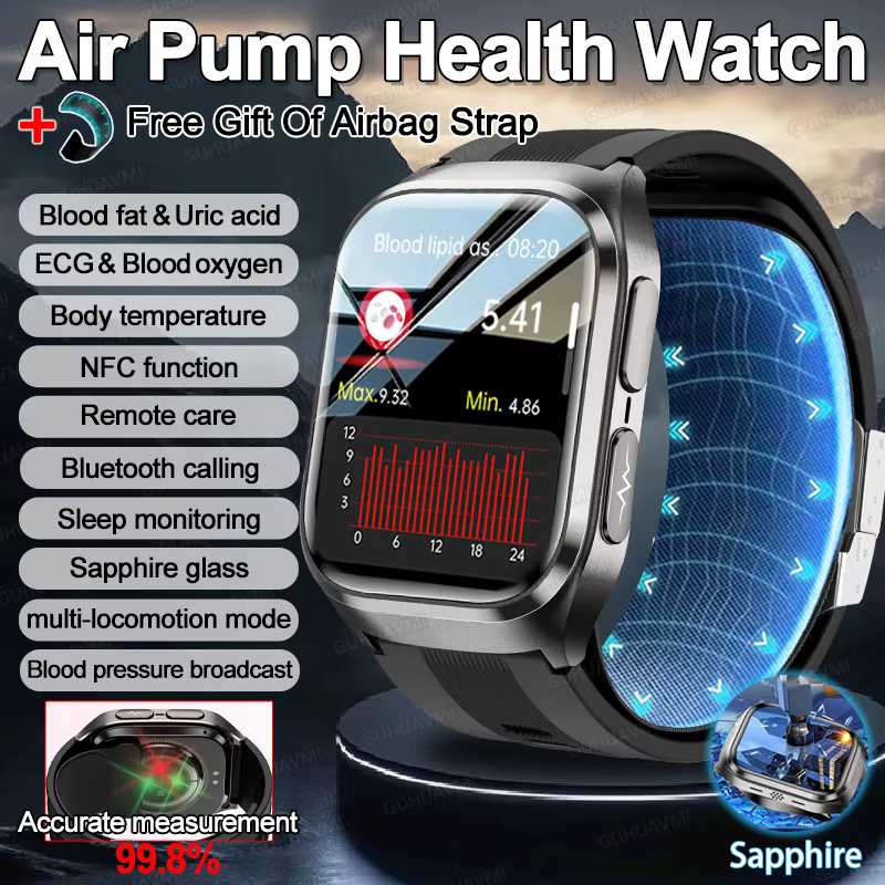 Nowy Smartwatch z Pomocniczą Pompa Powietrzną, Diagnostyka Zdrowia AI, EKG, Dokładny Pomiar Ciśnienia Krwi, Lipidów, Kwasu Moczowego, NFC, Poduszka Powietrzna, Smartwatch Męski