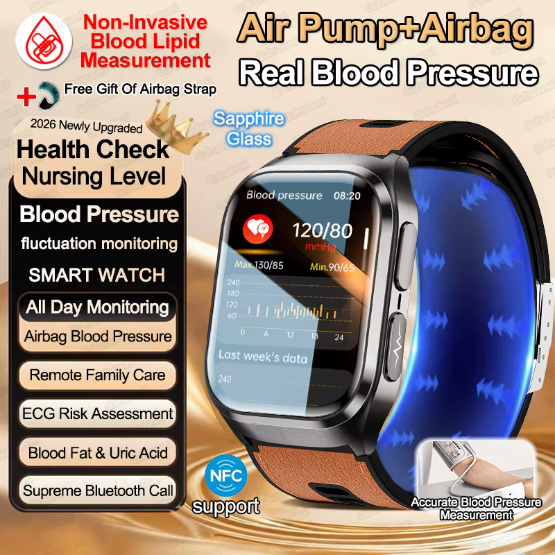 Smartwatch męski z pomiarem ciśnienia krwi bez użycia igły, dokładny pomiar, pomiar lipidów we krwi, EKG, NFC, model 2026.