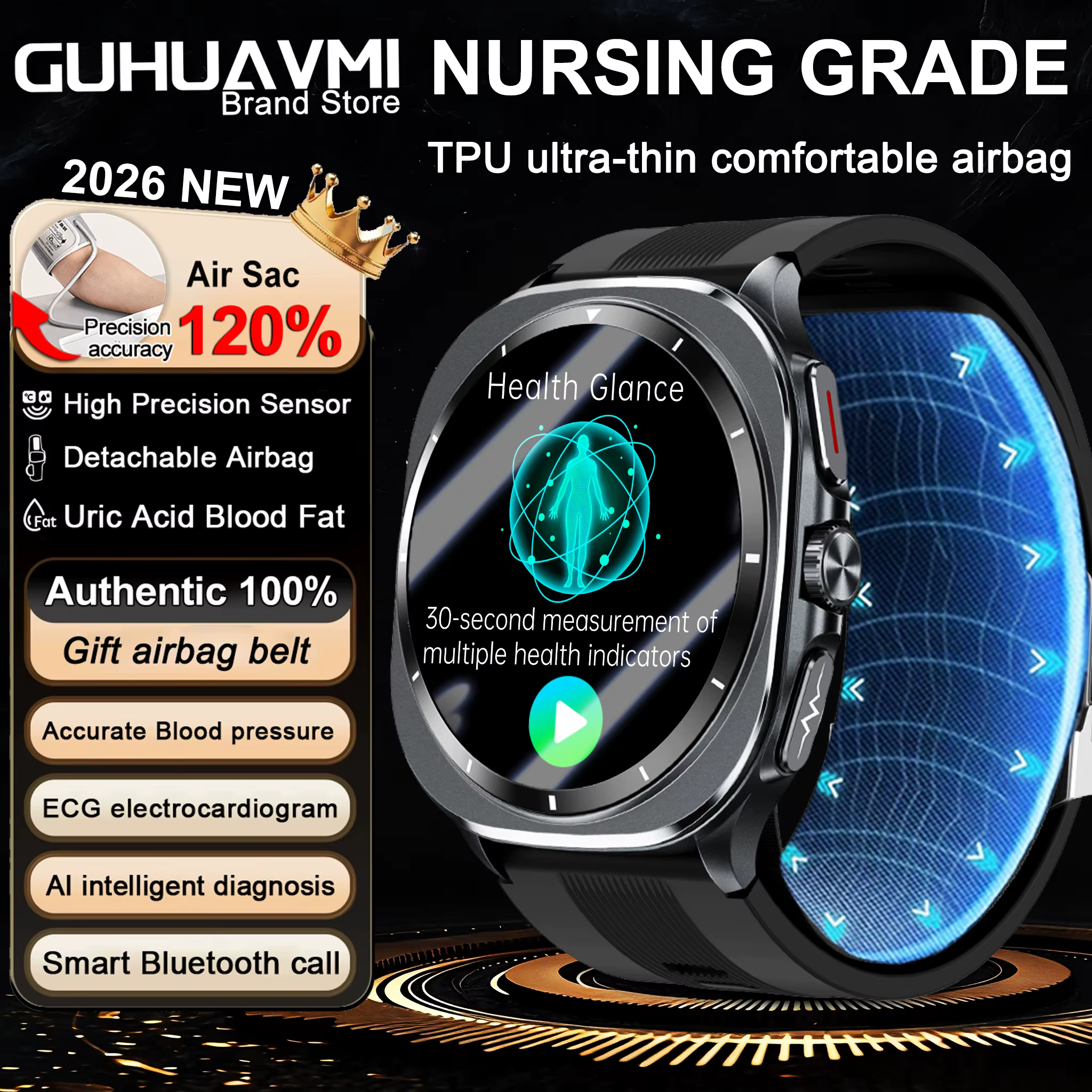 Nowy Smartwatch 2026 z Pomponikiem Powietrznym, Dokładny Pomiar Kwasu Moczowego, Ciśnienia Krwi, EKG+PPG, Smartwatch z Poduszką Powietrzną, Monitorowanie Zdrowia dla Kobiet i Mężczyzn