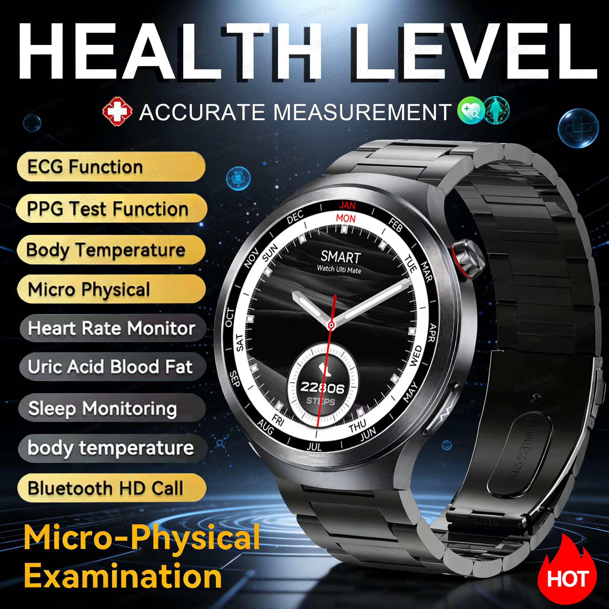 Inteligentny zegarek 2026 z analizą stanu zdrowia ECG+PPG, pomiarem kwasu moczowego i tkanki tłuszczowej, ekranem HD Sapphire, funkcją połączeń BT, NFC, dla kobiet i mężczyzn.