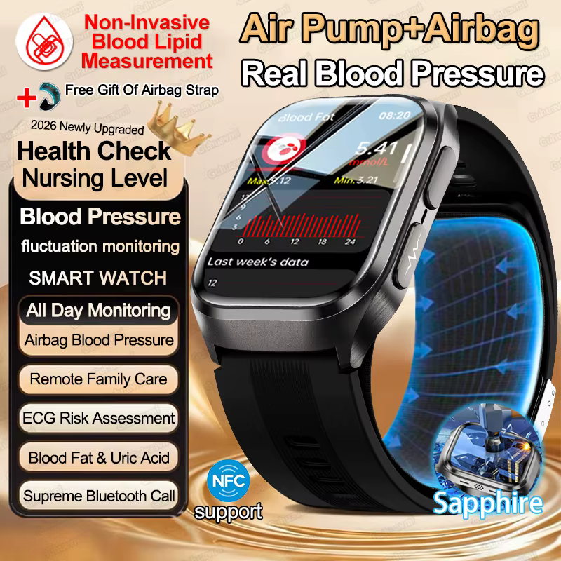 Nowy Smartwatch z Pomiarem Airbagiem, EKG, Pompa Powietrza, Ciśnienie Krwi, Lipidy Krwi, Kwas Moczowy, Natlenienie Krwi, NFC, Smartwatche Męskie