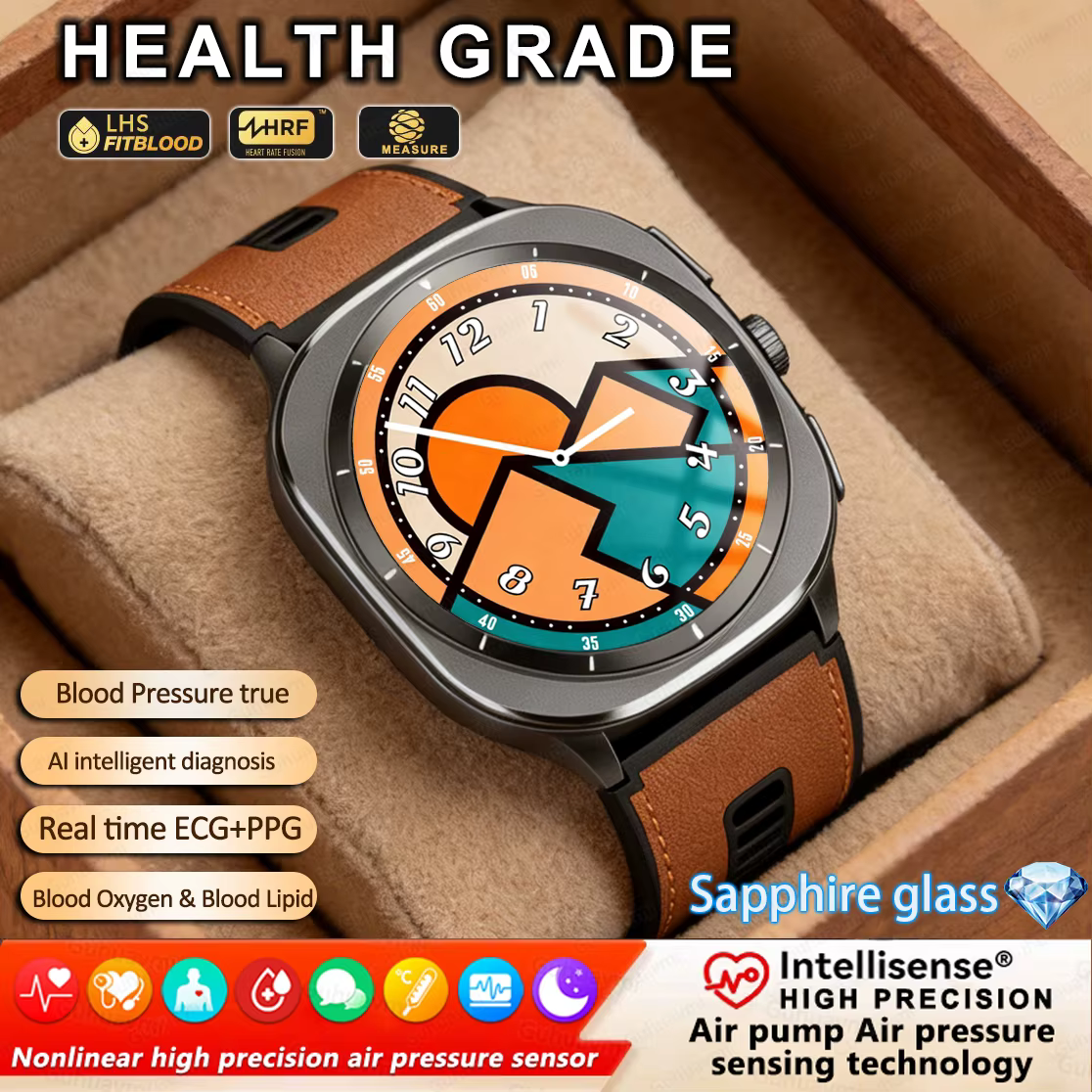 Smartwatch Męski Pomiar Airbagiem EKG Pompa Powietrzna Ciśnienie Krwi BO2 Połączenia NFC Smartwatch Dla Androida iOS Mężczyzn Kwas Moczowy Tłuszcz Krwi