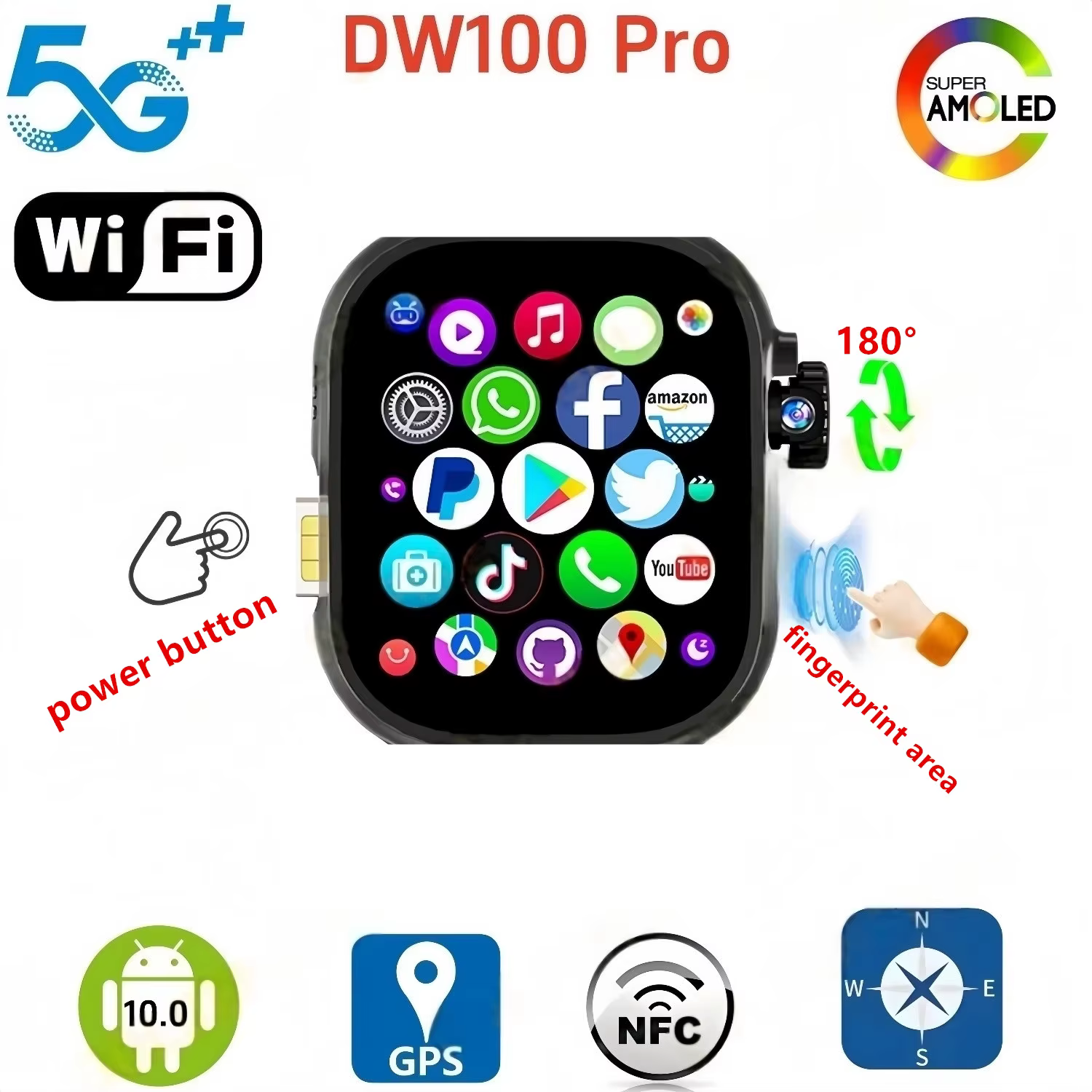 Android SIM Smartwatch DW100 Pro 2.29'' Amoled Fingerprint unlock touch Smart Watch 180° Rotary Camera GPS WIFI NFC Man Watch