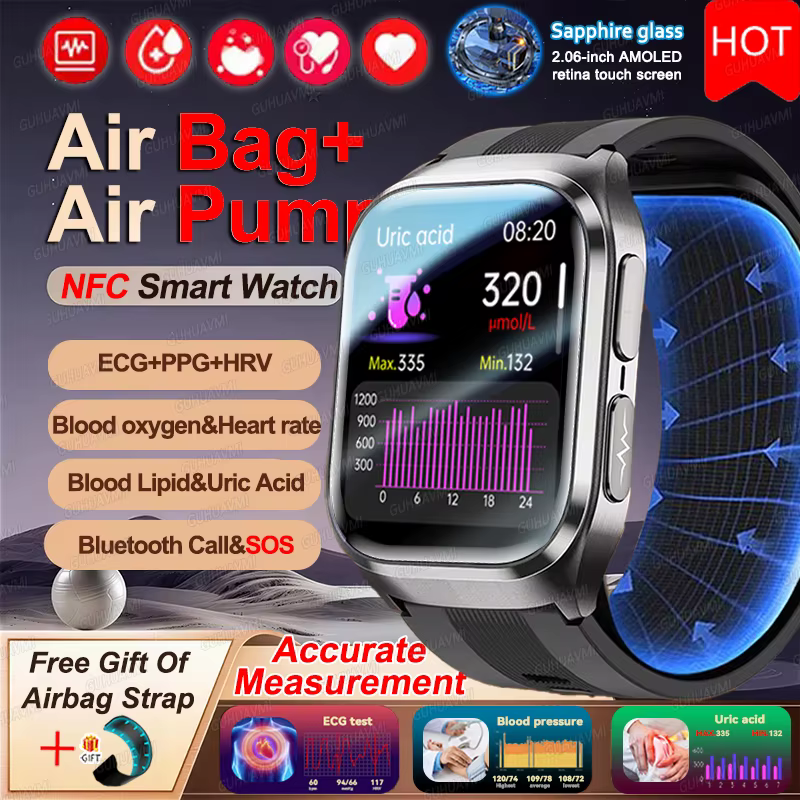 Smartwatch 2026 z nowym szafirowym szkłem dla kobiet i mężczyzn, pomiar kwasu moczowego, lipidów, EKG, dokładny pomiar ciśnienia krwi, pompka powietrzna, sportowy smartwatch zdrowotny.
