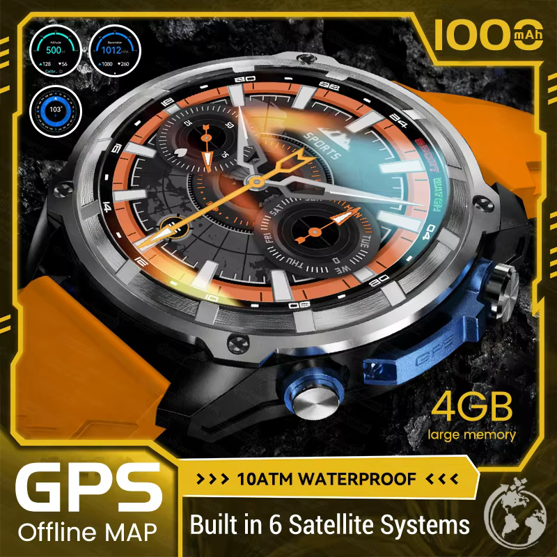 Nowy Męski Smartwatch Wojskowy z Mapami GPS Offline, Pamięcią 4GB, Baterią 1000mAh, Wodoodpornością 10ATM, Funkcją Połączeń BT, Idealny do Sportów Outdoorowych