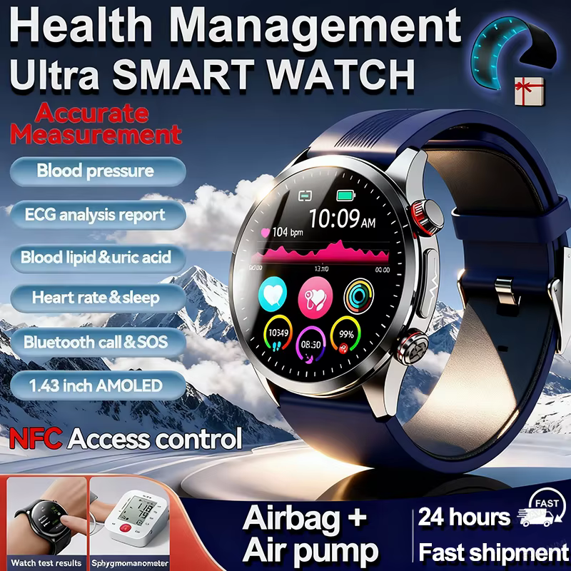 Nowy Smartwatch Męski z Pomiarem Ciśnienia Krwi, Pompa Powietrza, Funkcja Kontroli Zdrowia, EKG, Pomiar Tłuszczu we Krwi, Kwasu Moczowego, Połączenia Bluetooth, Funkcje Sportowe