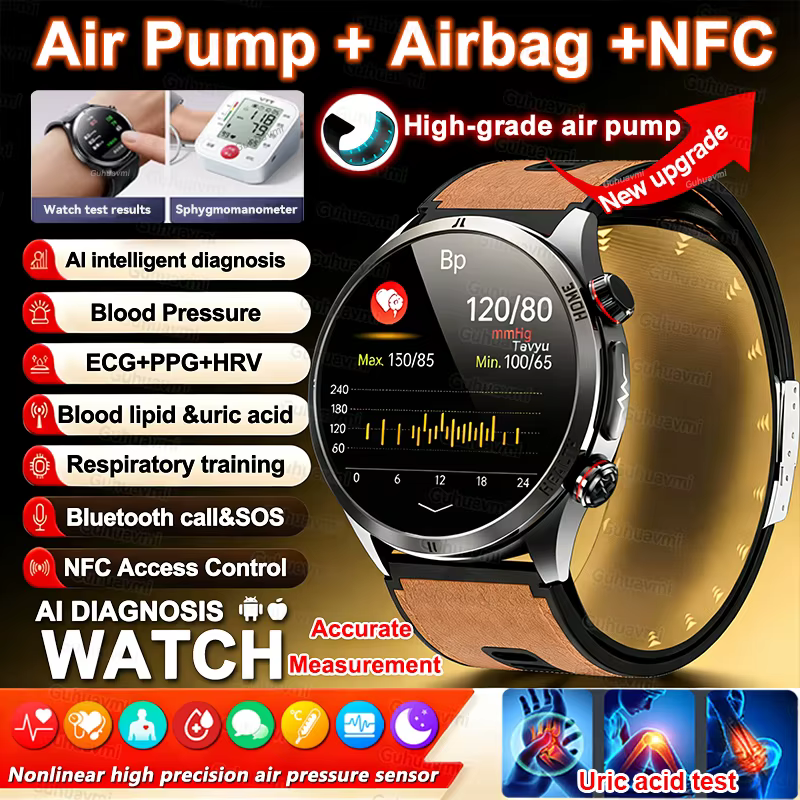 Smartwatch 2026 Nowa Diagnostyka AI Pomiar Ciśnienia Krwi z Pompką Powietrza Dokładny Pomiar Inteligentne Zegarki Męskie Kwas Moczowy EKG Połączenia Zdrowie NFC Smartwatch Damski