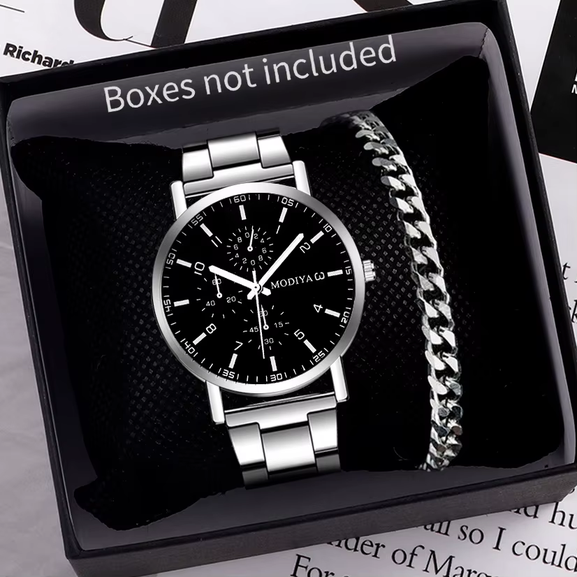 2PCS Men's Watch Casual Silver Alloy Band Male Quartz Watches Bracelet Set（Without Box）
