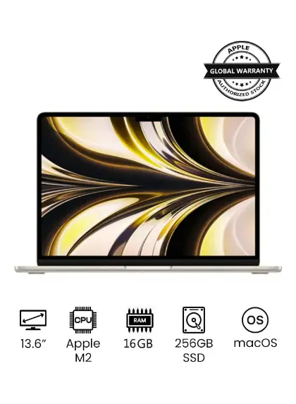 MacBook Air MC7W4 | 13.6 Inch Display | Apple M2 Chip | 8-Core CPU 8-Core GPU | 16GB RAM | 256GB SSD | macOS | English Keyboard | International Version | Starlight