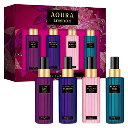 Aoura London Collection Set Womens Body Mist Gift Set With Midnight Passion Love Rush Pretty Woman And Paradise Bliss Fragrance Spray Set (4X60Ml)