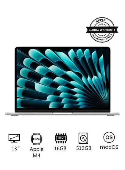 MacBook Air MW0X3 | 13 Inch Display | Apple M4 Chip | 10-Core CPU 10-Core GPU | 16GB RAM | 512GB SSD | macOS | English Keyboard | International Version | Silver