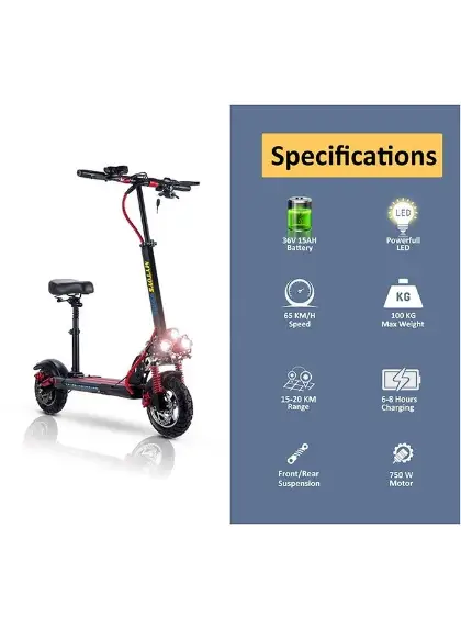 MT358 High Speed Electric Scooter 65km/h Speed Long Range Big battery, 10 Inches Off Road Tires with Front LED Lights Adjustable Seat Powerful 750W Mo