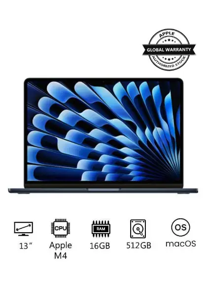 MacBook Air MW133 | 13 Inch Display | Apple M4 Chip | 10-Core CPU 10-Core GPU | 16GB RAM | 512GB SSD | macOS | English Keyboard | International Version | Midnight
