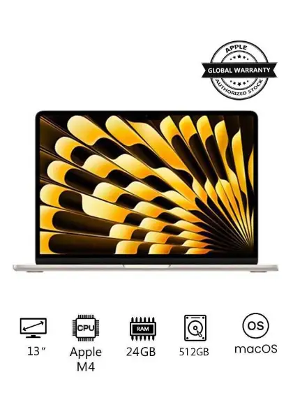 MacBook Air MC6A4 | 13 Inch Display | Apple M4 Chip | 10-Core CPU 10-Core GPU | 24GB RAM | 512GB SSD | macOS | English Keyboard | International Version | English/Arabic Starlight
