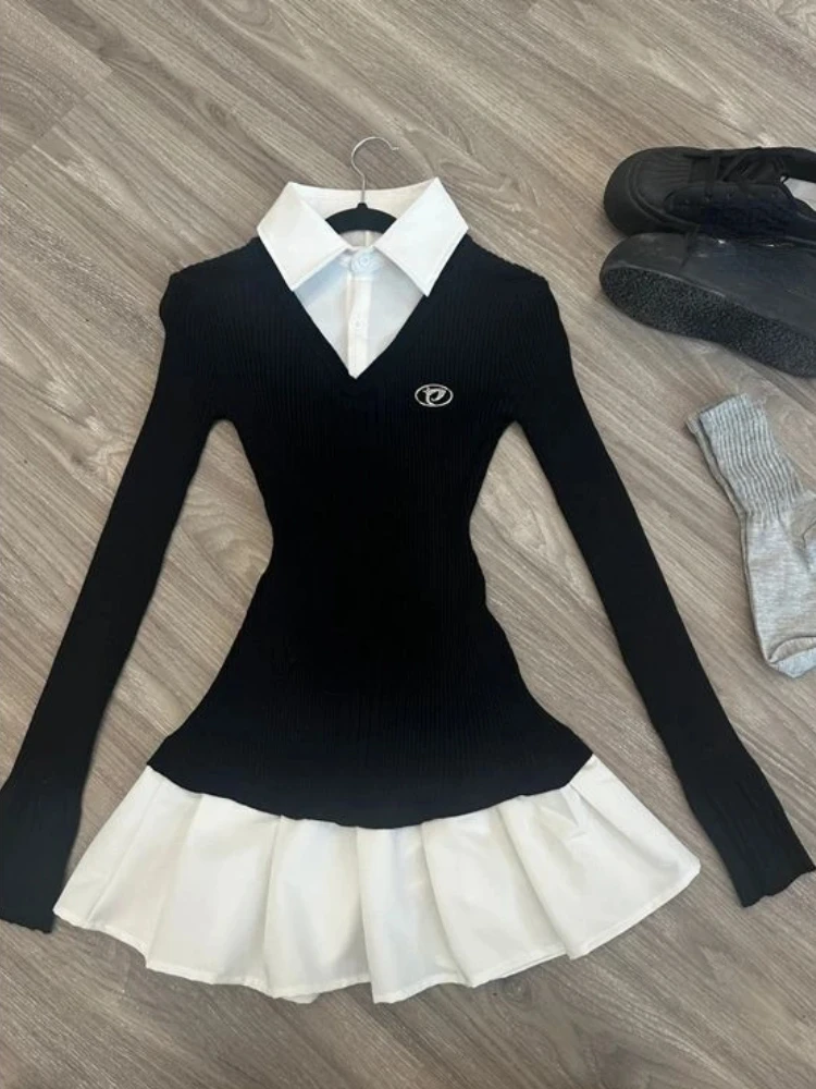 American Vintage Shirt Long Sleeve Mini Dresses Women Clothing Slim Fit Polo Neck Black Short Party Dress Korean Fashion Autumn