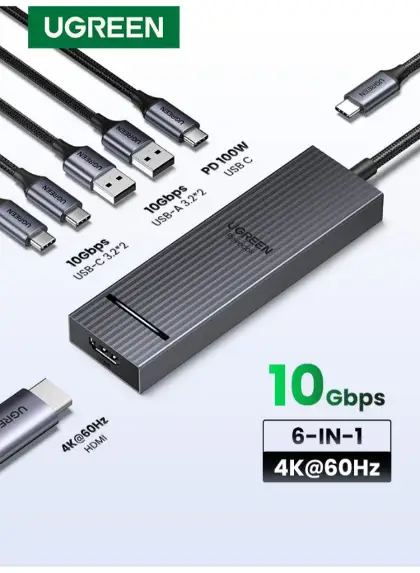 6 In 1 USB C Hub Type C to HDMI Adapter 4k@60Hz PD 100W Fast Charging 2USB C 3.2 10Gbps + 2USB A 3.0 Ports Compatible With Phone 16 Pro Max Macbook Ai