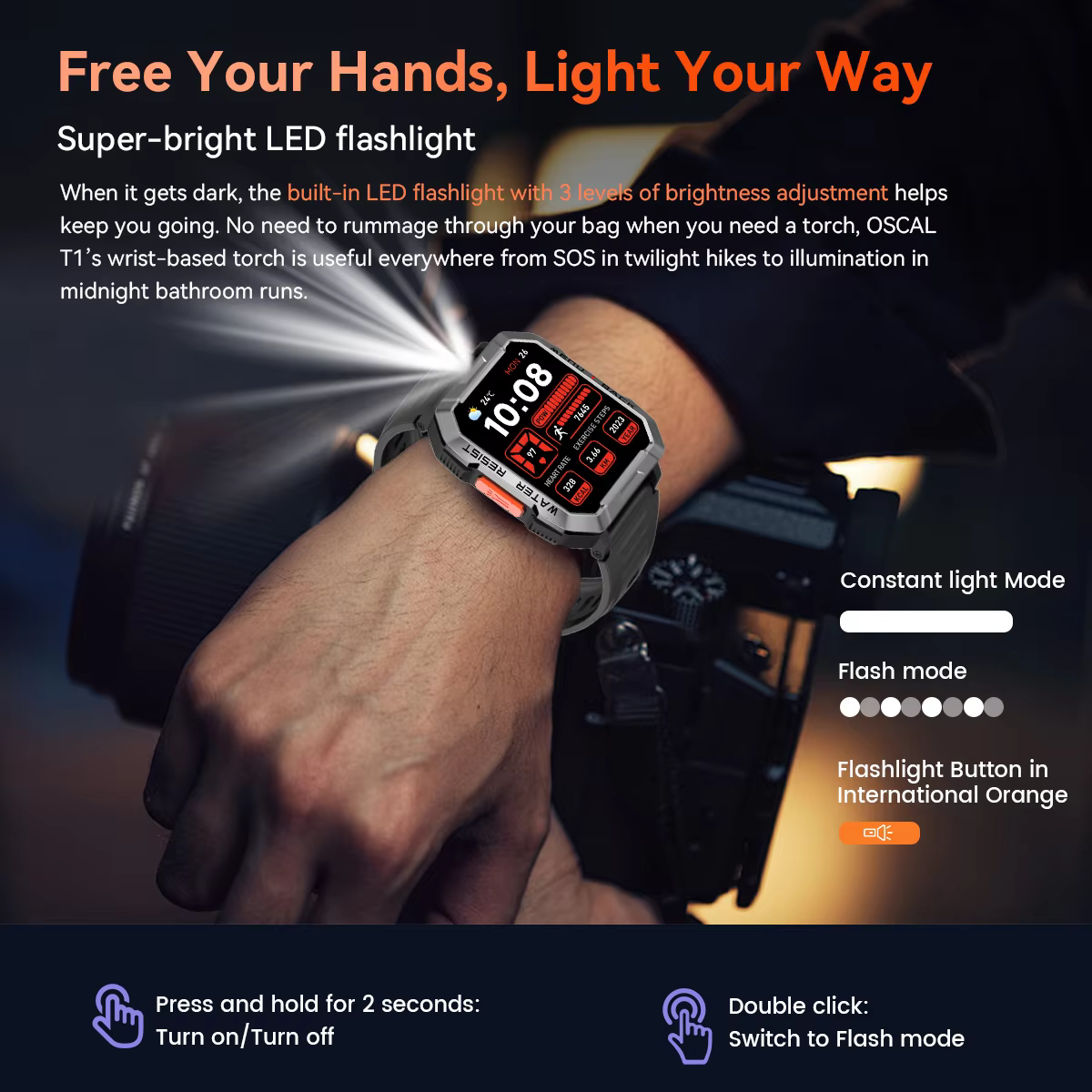 OSCAL New Smart Watch T1 2.01'' HD Display Outdoor Watches with Emergency Lighting Bluetooth Call Waterproof Smartwatch image 4