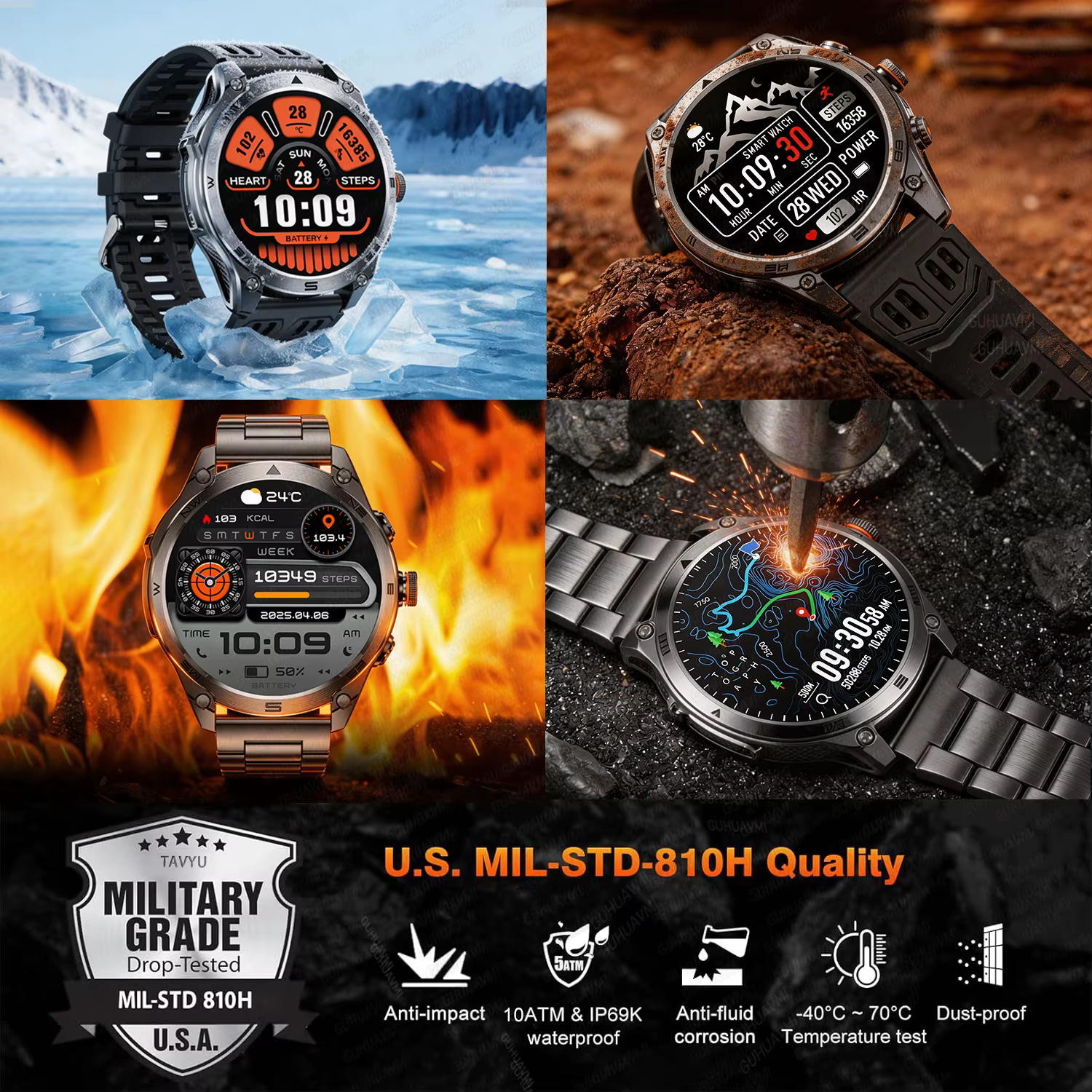 Nowy Smartwatch Męski z Mapą GPS, Baterią 1000mAh, Wyświetlaczem AMOLED HD, Wodoodpornością 10ATM, Funkcją Połączeń Bluetooth, Stylizowany na Militarny, Dla Dorosłych, Do Użytku na Zewnątrz. image 6