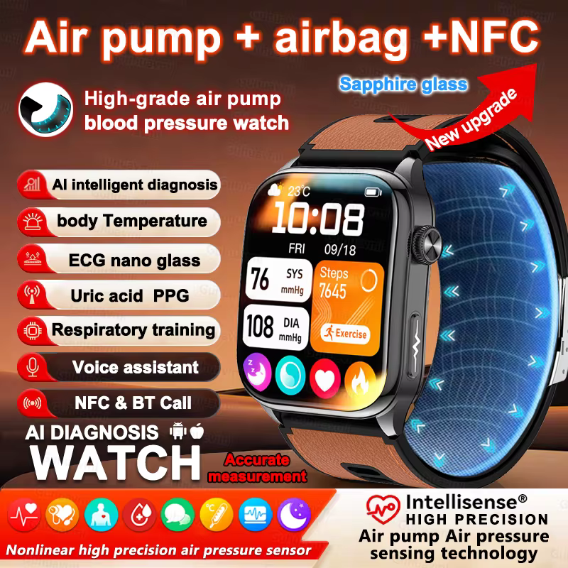 Smartwatch z EKG, pomiarem ciśnienia krwi, pompką powietrzną, dokładnym pomiarem ciśnienia, pomiarem tlenu we krwi, funkcjami sportowymi i fitness, funkcją rozmów, monitorowaniem zdrowia, funkcją airbagu, smartwatch dla mężczyzn. image 1