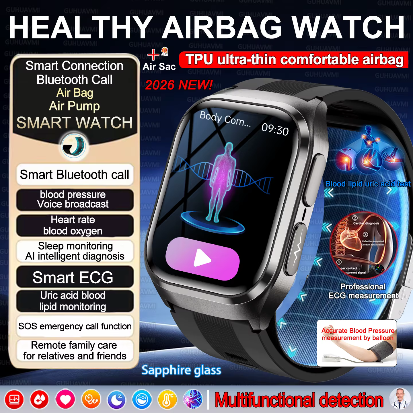 Smartwatch 2026 Nowy Model Z Funkcją EKG+PPG, Pomiaru Kwasu Moczowego, Tłuszczu we Krwi, Pomiaru Ciśnienia Krwi z Pompką Powietrzną, Sportowy, HD, Połączenia BT, Smartwatch dla Kobiet i Mężczyzn image 1