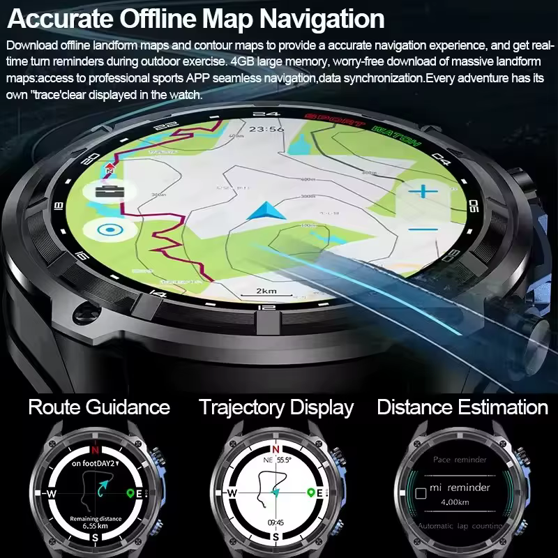 Nowy smartwatch z mapami offline GPS na rok 2025, 4 GB pamięci, bateria 1000 mAh, połączenia Bluetooth, wodoodporność 10 ATM/IP69K, smartwatch sportowy dla mężczyzn do pływania. image 2