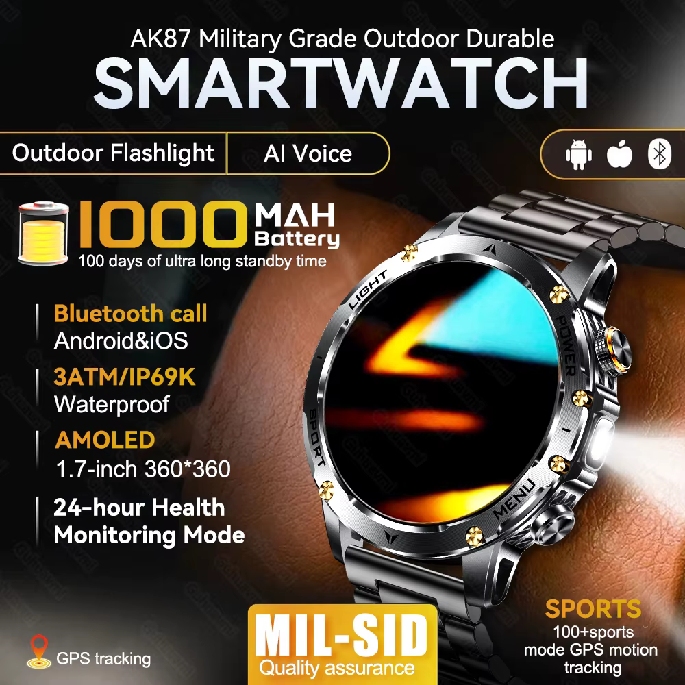 AK87 Męski Smartwatch z Baterią 1000mAh, Duży Ekran 1.7 cala, GPS, Monitorowanie Tętna, Wodoodporność 3ATM, Bezprzewodowe Rozmowy, Smartwatch Sportowy image 1